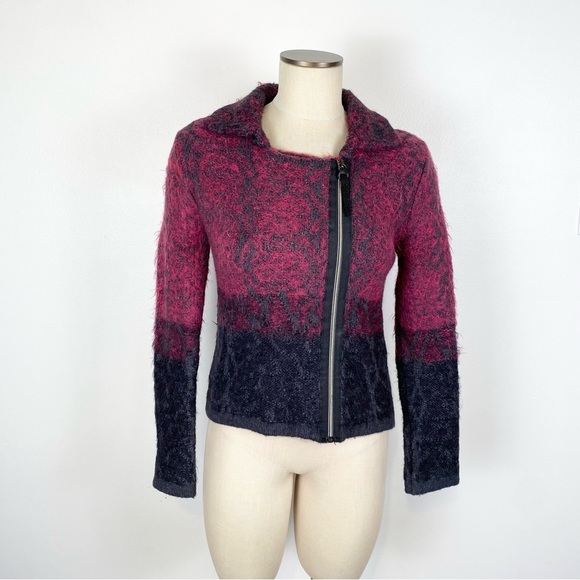 Save The Queen Zip Up Cardigan Size S Moto Alpaca Blend Burgundy Black - Picture 1 of 15